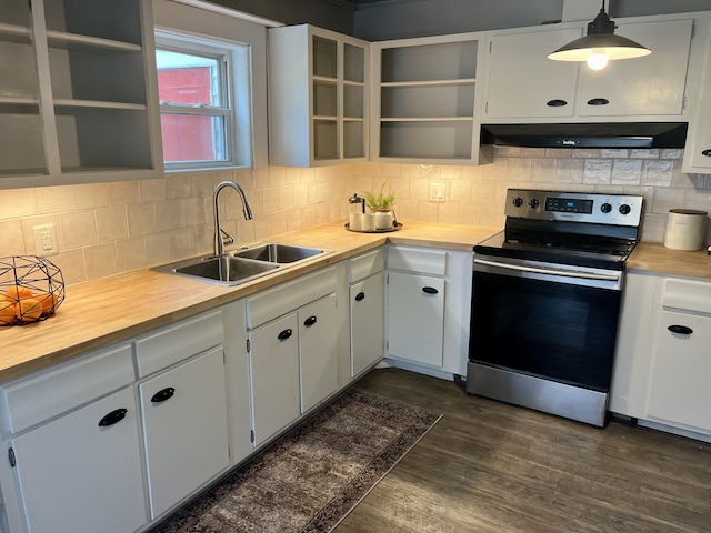 kitchen with stainless steel electric range, backsplash, sink, dark hardwood / wood-style floors, and decorative light fixtures