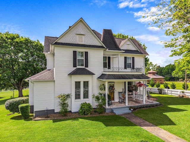 989 E Dumplin Valley Rd, Jefferson City, TN 37760 - victorian house with a porch, a front lawn, roof with shingles, and a balcony