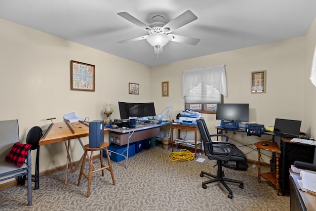 carpeted office with ceiling fan