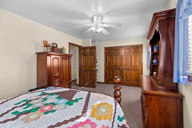 carpeted bedroom featuring ceiling fan