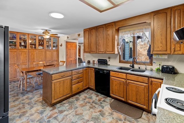 kitchen featuring dishwasher, kitchen peninsula, white electric range, sink, and stainless steel refrigerator