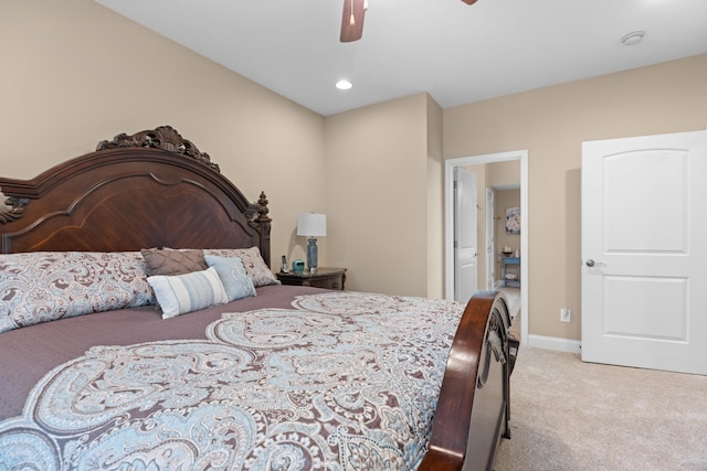 carpeted bedroom featuring ceiling fan