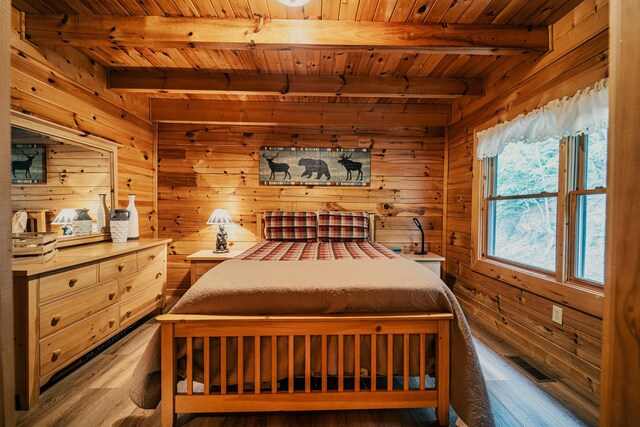 bedroom featuring beamed ceiling, hardwood / wood-style floors, wooden walls, and wood ceiling