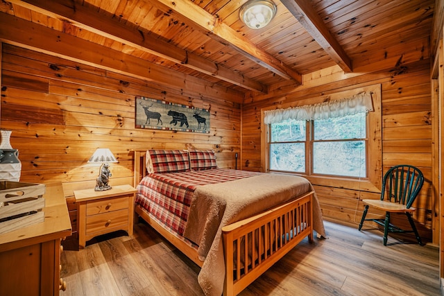 bedroom featuring hardwood / wood-style floors, beam ceiling, wood ceiling, and wooden walls