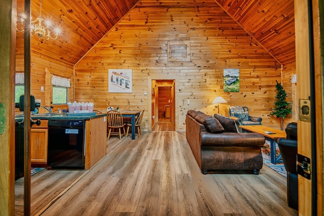 interior space with light hardwood / wood-style flooring, wooden ceiling, a notable chandelier, lofted ceiling, and wood walls