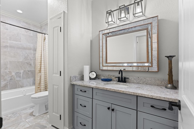 full bathroom featuring vanity, toilet, shower / bathtub combination with curtain, and ornamental molding