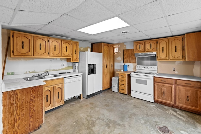 2757 Bethel Rd, Morristown, TN 37813 - kitchen with white appliances, under cabinet range hood, brown cabinets, a sink, and concrete floors