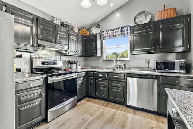 kitchen featuring a sink, under cabinet range hood, stainless steel appliances, lofted ceiling, and dark cabinets