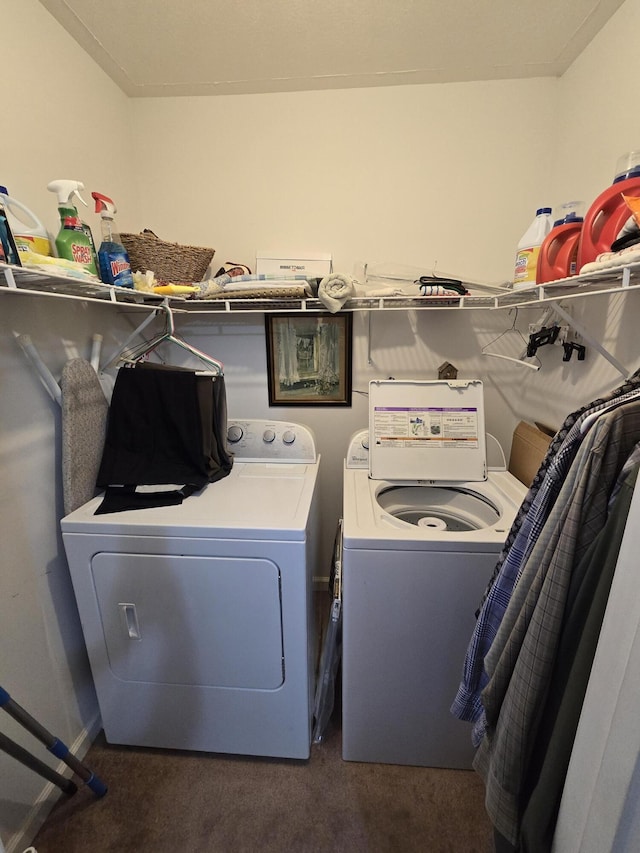 clothes washing area with carpet, independent washer and dryer, and laundry area