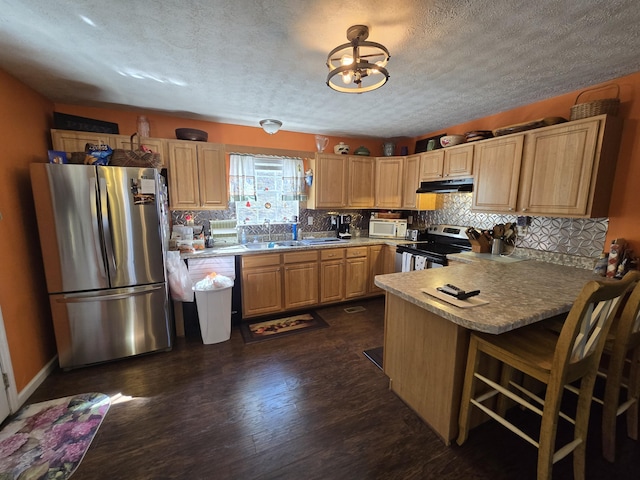 kitchen featuring tasteful backsplash, under cabinet range hood, dark wood finished floors, appliances with stainless steel finishes, and a sink