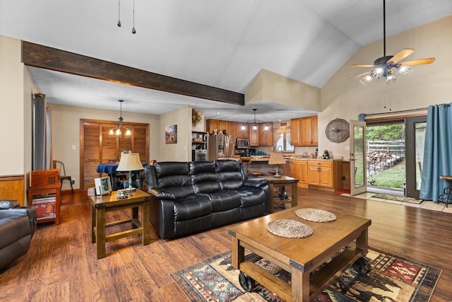 living room with beam ceiling, hardwood / wood-style floors, and ceiling fan with notable chandelier