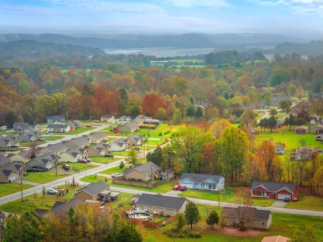 drone / aerial view featuring a mountain view