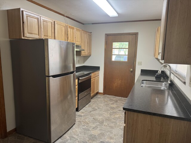 838 Pineridge Rd, Dandridge, TN 37725 - kitchen with appliances with stainless steel finishes, under cabinet range hood, ornamental molding, light stone finish floors, and dark countertops