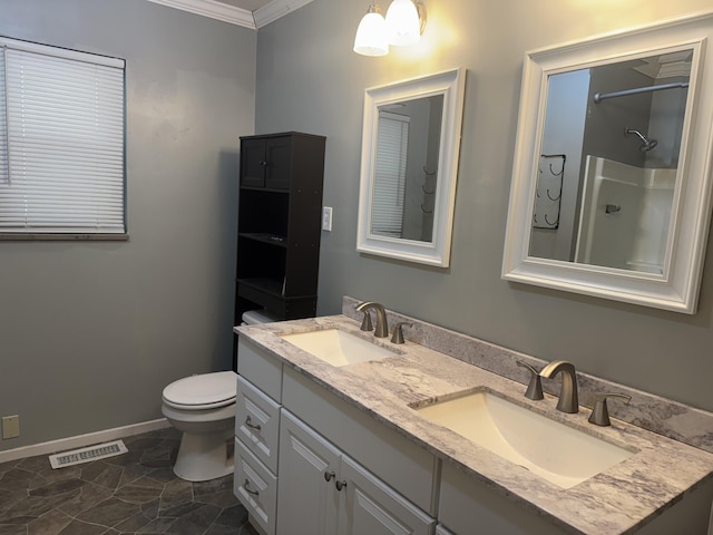 838 Pineridge Rd, Dandridge, TN 37725 - bathroom featuring ornamental molding, double vanity, and a shower