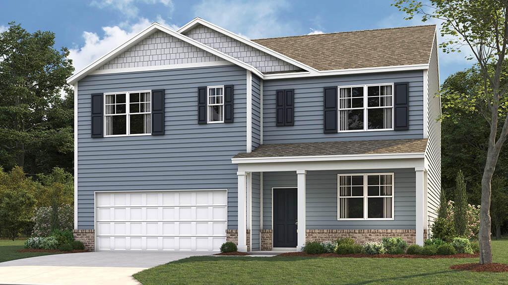 view of front facade with an attached garage, a shingled roof, brick siding, and concrete driveway