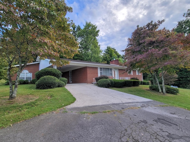 single story home featuring a front yard and a carport