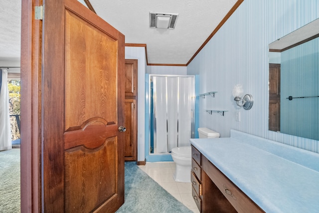 bathroom featuring a shower with shower door, tile patterned flooring, toilet, crown molding, and a textured ceiling