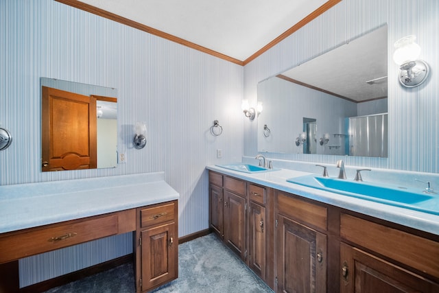 bathroom featuring vanity, crown molding, and a shower with shower door