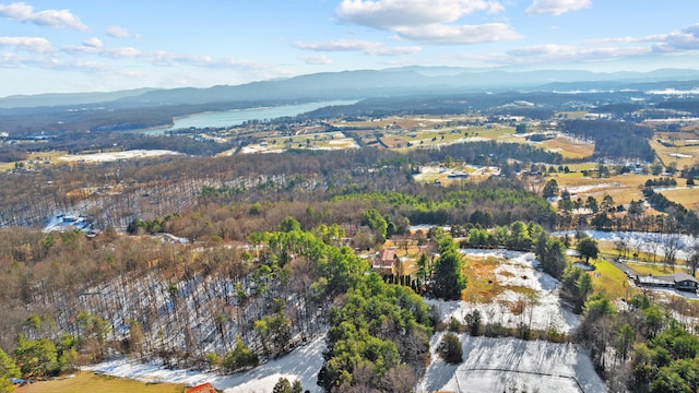 drone / aerial view with a water and mountain view