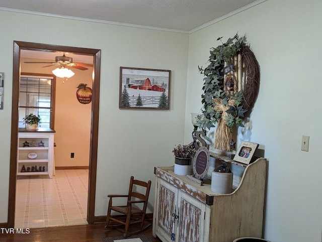 hallway featuring a textured ceiling and ornamental molding