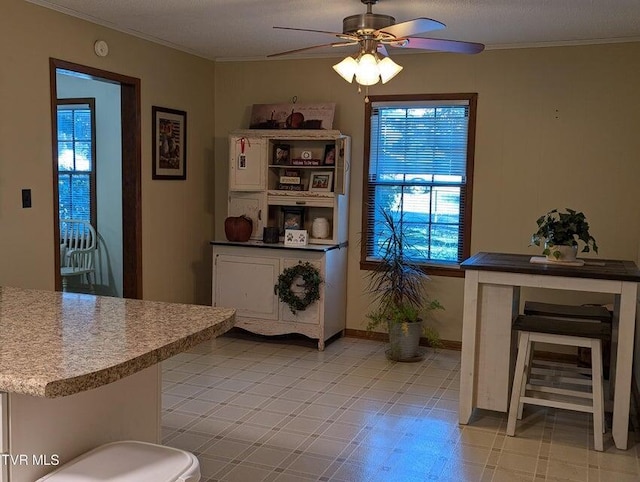 dining space with a textured ceiling, ceiling fan, and crown molding