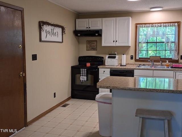 kitchen with black appliances, white cabinets, crown molding, sink, and a textured ceiling