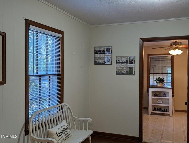 sitting room with ceiling fan, a textured ceiling, and ornamental molding