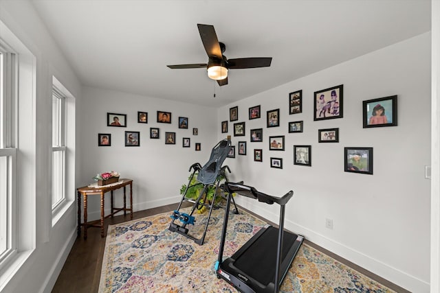 workout area featuring ceiling fan and dark wood-type flooring