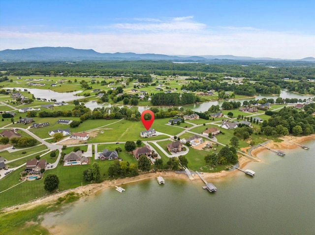 bird's eye view featuring a water and mountain view