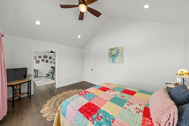 bedroom with ceiling fan, dark hardwood / wood-style flooring, and vaulted ceiling