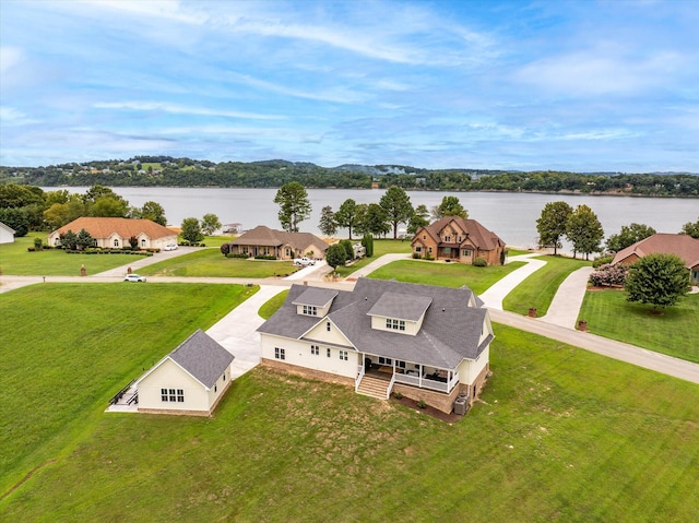 aerial view featuring a water view