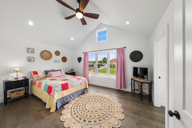 bedroom with ceiling fan, high vaulted ceiling, and dark hardwood / wood-style floors