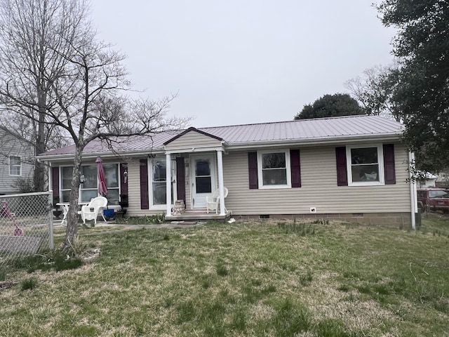 single story home featuring a front yard, metal roof, fence, and crawl space