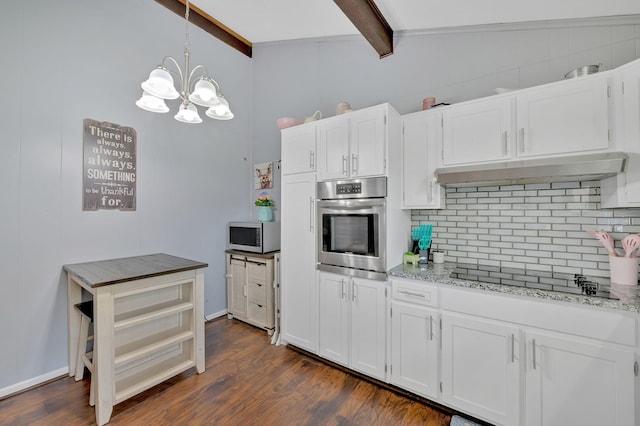 kitchen featuring appliances with stainless steel finishes, dark hardwood / wood-style flooring, pendant lighting, white cabinets, and vaulted ceiling with beams