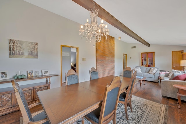 dining area featuring vaulted ceiling with beams, dark hardwood / wood-style flooring, and a chandelier