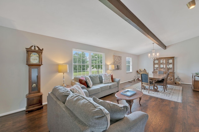 living room with lofted ceiling with beams, dark wood-type flooring, and a notable chandelier