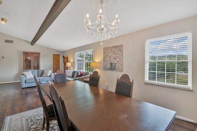 dining space featuring a notable chandelier, lofted ceiling with beams, and dark wood-type flooring