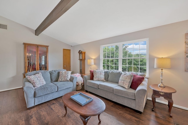 living room featuring vaulted ceiling with beams and dark hardwood / wood-style flooring