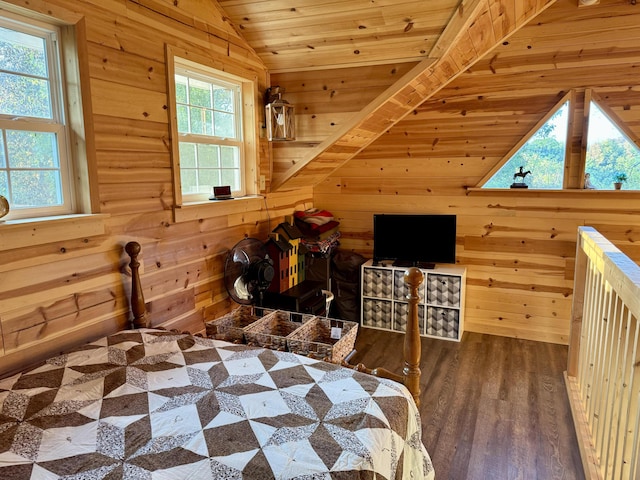 bedroom with wood-type flooring, wooden walls, and wooden ceiling