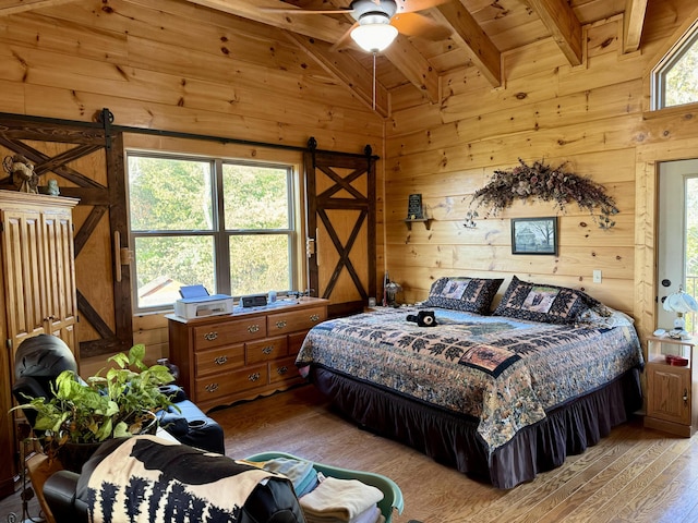 bedroom featuring light wood-type flooring, ceiling fan, wooden walls, and wood ceiling