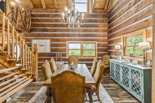7868 Saint Clair Rd, Whitesburg, TN 37891 - dining space with wooden walls, a chandelier, dark wood finished floors, and wood ceiling