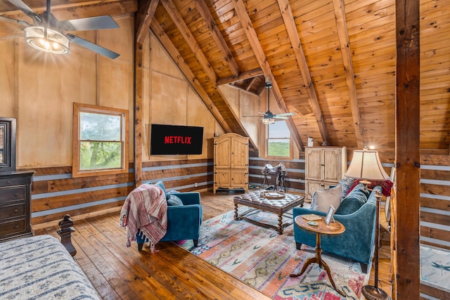7868 Saint Clair Rd, Whitesburg, TN 37891 - living room featuring a ceiling fan, wooden ceiling, hardwood / wood-style floors, wooden walls, and healthy amount of natural light