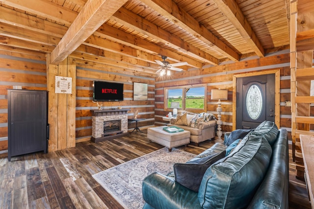 7868 Saint Clair Rd, Whitesburg, TN 37891 - living room with dark wood finished floors, wooden walls, wood ceiling with exposed beams, and ceiling fan