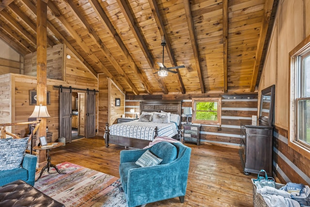 7868 Saint Clair Rd, Whitesburg, TN 37891 - bedroom featuring wood ceiling, wood walls, wood-type flooring, and a barn door