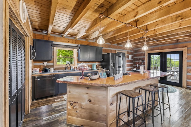 7868 Saint Clair Rd, Whitesburg, TN 37891 - kitchen featuring dishwasher, stainless steel refrigerator with ice dispenser, dark wood-style floors, french doors, and a sink