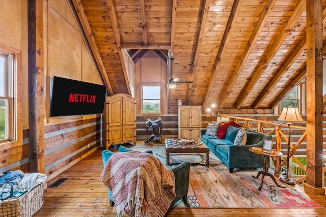 7868 Saint Clair Rd, Whitesburg, TN 37891 - sitting room featuring light wood finished floors, wooden ceiling, wooden walls, and a ceiling fan