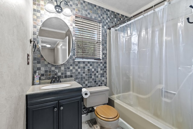 5715 Academy Dr, Morristown, TN 37814 - full bathroom with toilet, vanity, shower / bathtub combination with curtain, crown molding, and backsplash