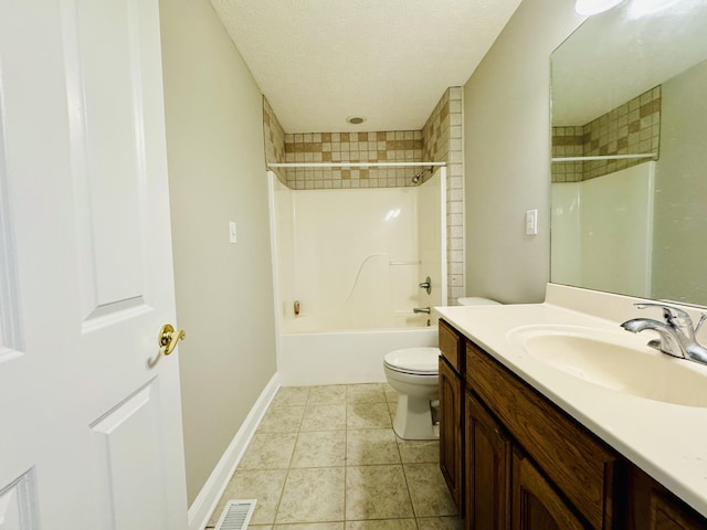 full bathroom with vanity, bathtub / shower combination, tile patterned floors, toilet, and a textured ceiling