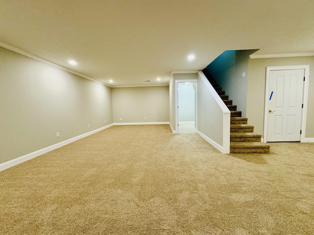 basement featuring carpet floors and ornamental molding