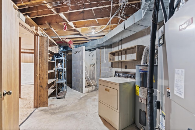 basement featuring washer / clothes dryer and electric water heater